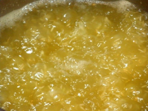 After soaking, I boiled the rice with saffron, ghee, reserved onion oil and salt for fifteen minutes.