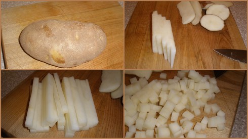 dicing potatoes for chicken pot pie